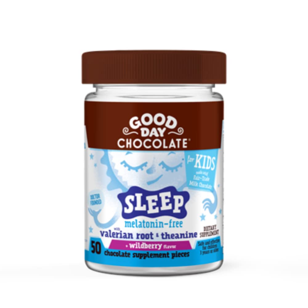 Good Day Chocolate Natural Valerian Root for Kids, Herbal Sleep Supplement, Organic Wildberry Flavor, Fair Trade and Non-GMO Chocolate, L-Theanine, 50 Pieces