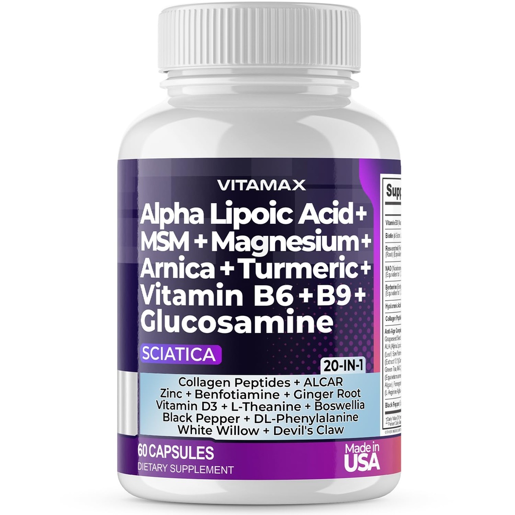 Sciatic Nerve Health Support - Sciatic Nerve Supplement Capsules with Folic Acid, Pea, Glucosamine, MSM, Vitamin B Complex, Alpha Lipoic Acid 300mg – 60ct – Made in USA