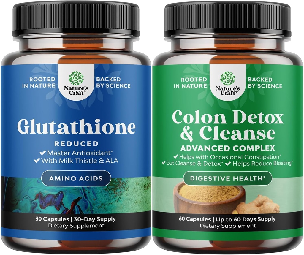 Bundle of Reduced Glutathione Supplement with Glutamic Acid and Colon Cleanser & Detox Psyllium Husk Capsules Gut Health Supplement