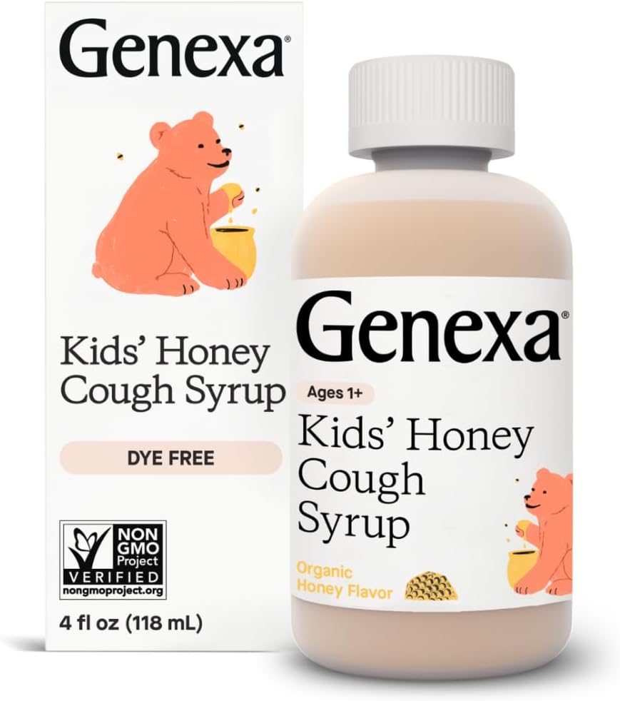 Genexa Kids’ Organic Honey Cough Syrup, Dye Free, 0% Artificial Additives, Children's Cough Remedy for Kids 2-11, Soothing Natural Honey Flavor, Gluten Free, & Non-GMO 4 fl oz
