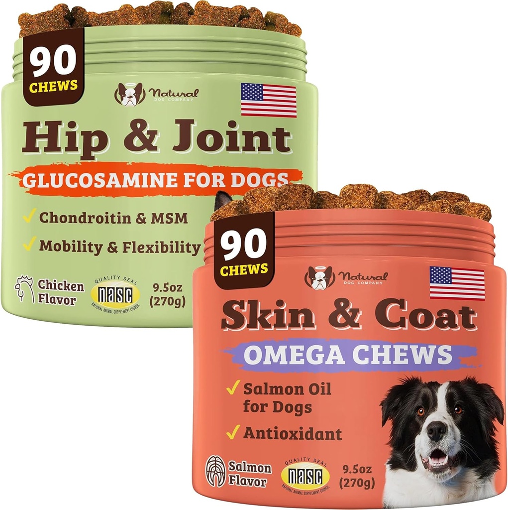 Natural Dog Company Wellness Bundle for Dogs, Skin & Coat Supplements for Dogs, Hip & Joint and Glucosamine for Dogs