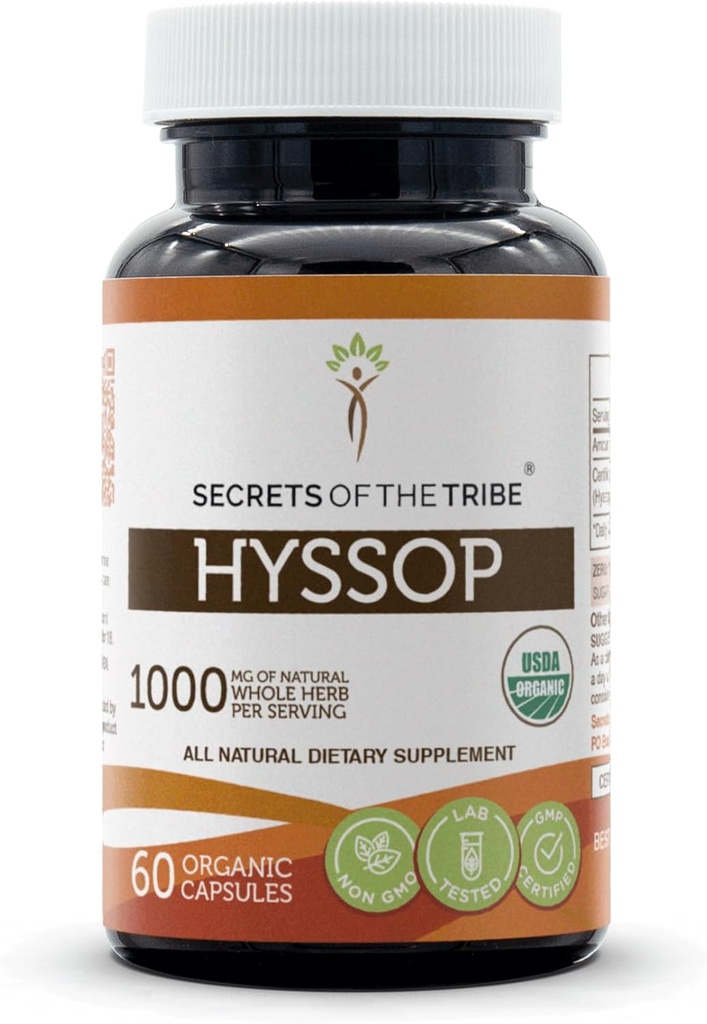 Secrets of the Tribe Hyssop USDA Organic Capsules | Certified Organic Vegetarian Capsules, Herbal Dietary Supplement | Hyssopus officinalis Dried Herb (60 Count)