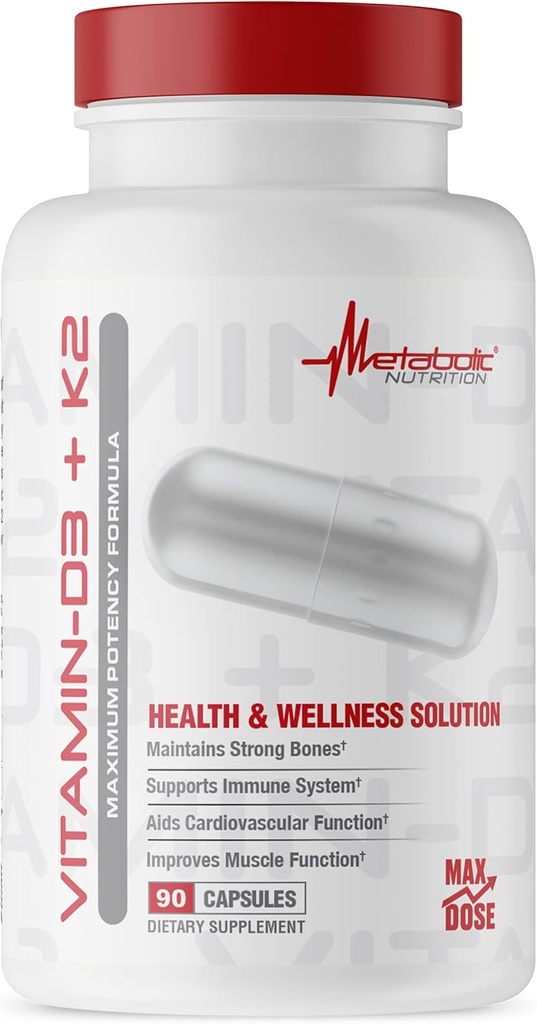 Metabolic Nutrition Vitamin D3 + K2, Bone and Heart Health Formula, Immune Support, 90 Veggie Caps 7000IU per Capsule Max Dose