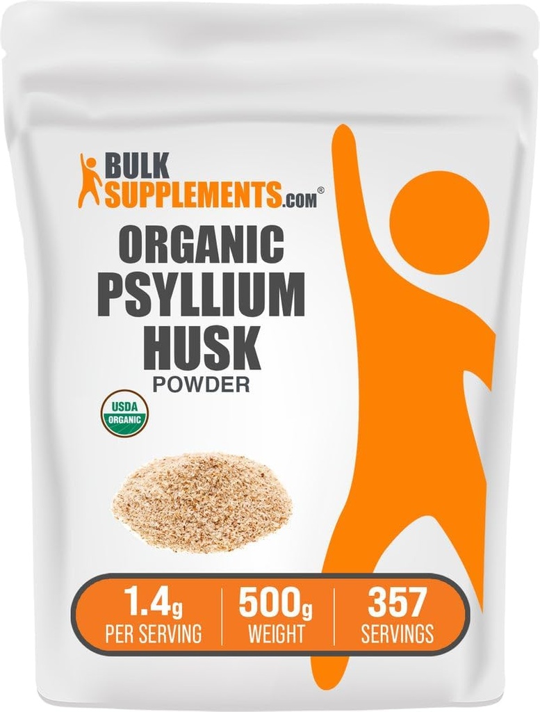 BulkSupplements.com Organic Psyllium Husk Powder - Psyllium Husk Powder for Baking, Fiber Supplement - Gluten Free, 1.4g per Serving, 500g (1.1 lbs) (Pack of 1)