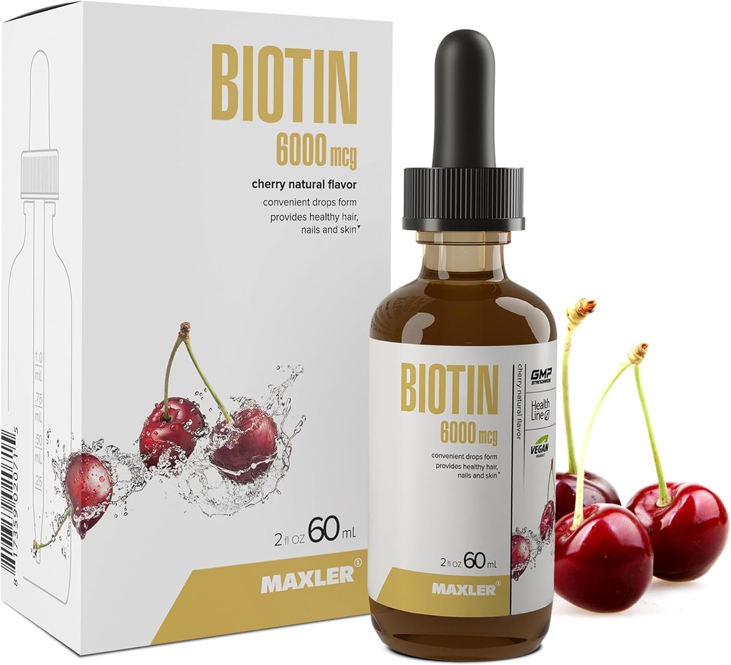 Maxler Liquid Biotin Drops - Vegan Biotin Vitamins for Hair Skin and Nails - Biotin Supplement for Metabolism of Carbohydrates, Proteins & Fats - 6000mcg of Biotin Liquid Per Serving - Cherry Flavor