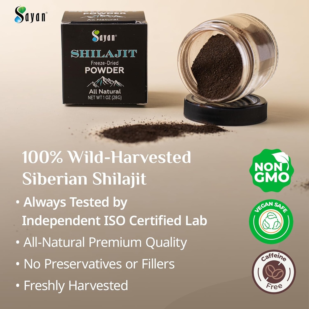 Sayan Pure Shilajit Powder 1oz/28g, 5 Months Supply - Potent Organic Fulvic Acid Supplement - Supports Immune System, Memory, Focus, and Provides Natural Energy - Freeze-Dry Extract, Vegan, Non-GMO