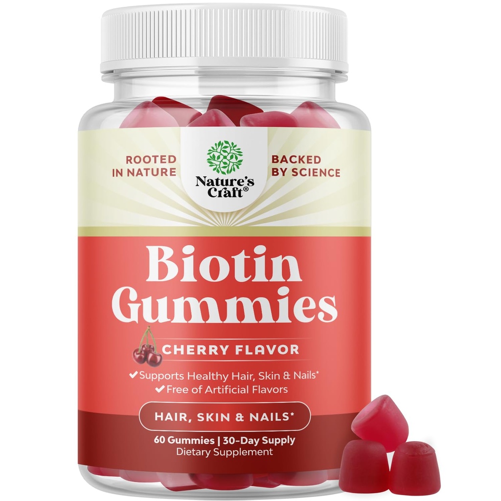 Natural Biotin Gummies for Hair Growth - Vitamins Skin and Nails Women Men with Pantothenic Acid - 60 Count