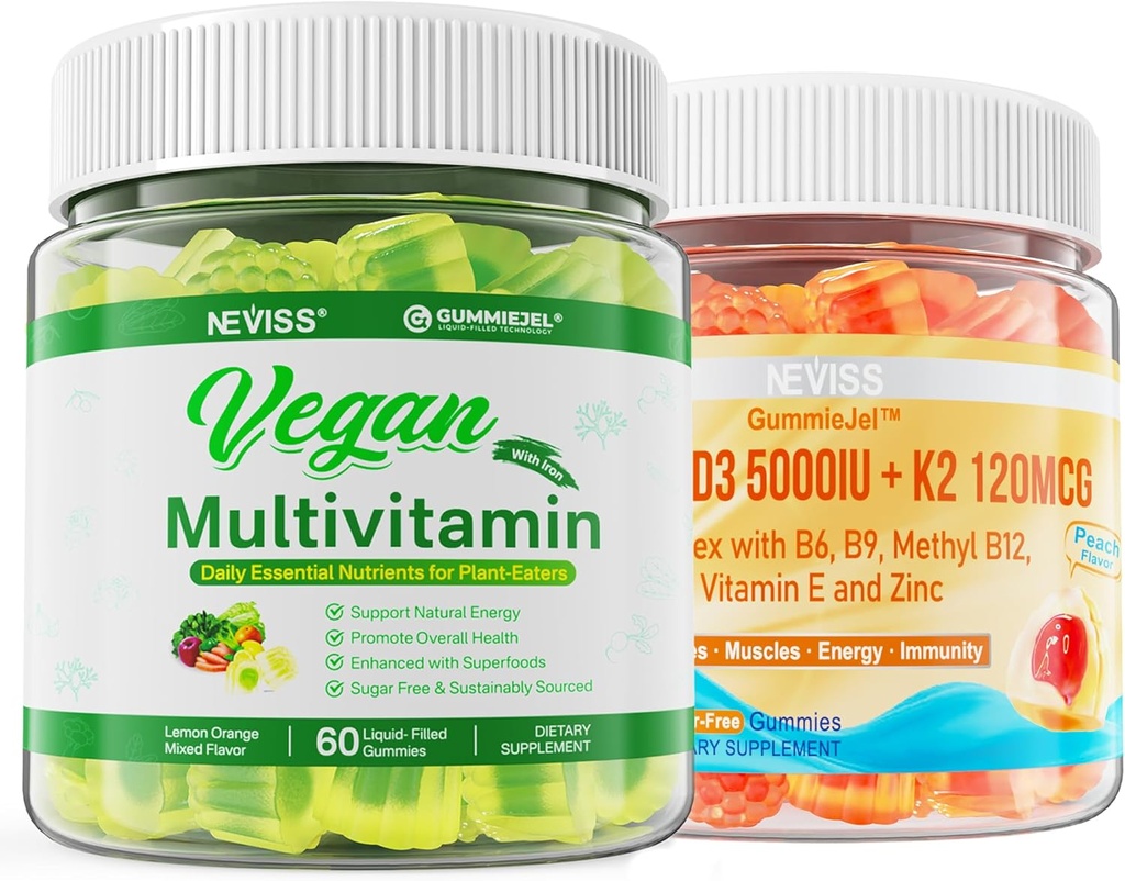 NEVISS Vitamin D3 5000IU + K2 (MK-7) 120mcg with Vegan Multivitamin for Women Men with Iron, Vitamin B12, A, D3, K2, Algae Omega 3, Magnesium, Zinc
