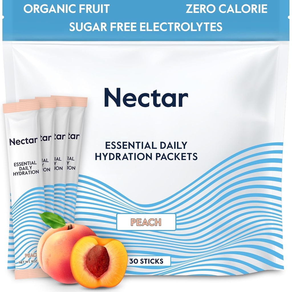 Nectar Hydration Packets - Electrolytes Powder Packets - Sugar Free & 0 Calorie - Organic Fruit Liquid Daily IV Hydrate Sticks for Dehydration Relief & Rapid Rehydration (Peach 30 Pack)