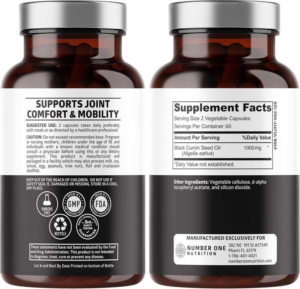 Number One Nutrition N1N Premium Black Seed Oil [Max Strength, 1000 mg] 100% Cold-Pressed Nigela Sativa to Support Digestion, Immune System and Joint Comfort and Mobility, 120 Caps