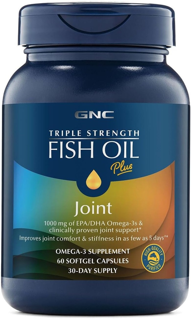 GNC Triple Strength Fish Oil Plus Joint Omega 3, 1000mg EPA and DHA, Heart Health, Plus Fast 5 Day Comfort, Brain, Skin, and Eye, Antioxidants and Botanical Extracts, Control Fish Burps, 30 Servings