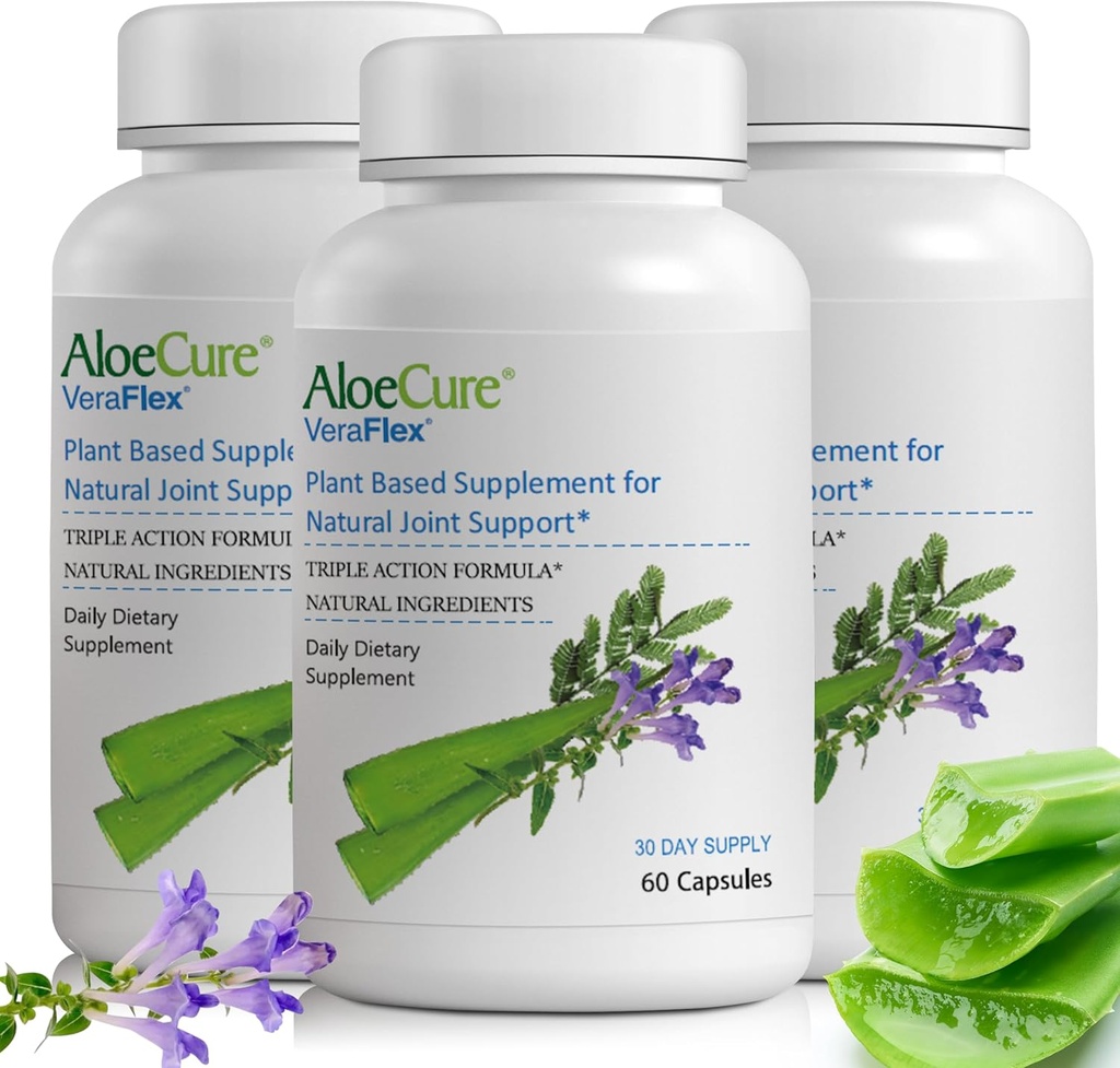 AloeCure VeraFlex Natural Joint Health Supplement with USDA Organic Aloe Vera - Plant-Based Capsules to Support Joint Comfort, Mobility and Flexibility - 60 Capsules - 3-Pack