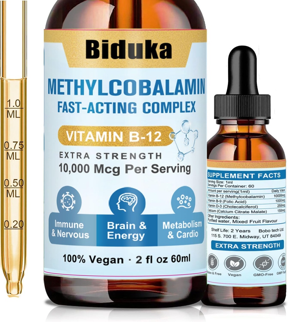 10,000mcg Vitamin B12 Sublingual Liquid Drops, Unique Formula with D3, B9(Folic Acid), Calcium, Support Energy, Heart, Mood, Brain, Immune System, Vegetarian, Non-GMO & Gluten Free
