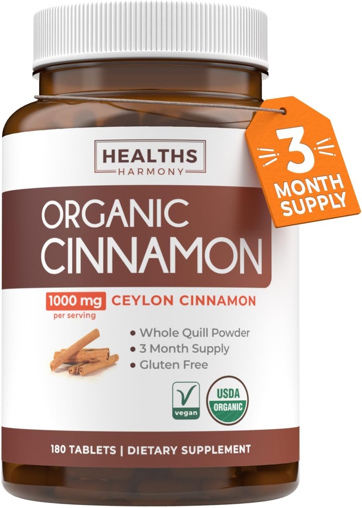 USDA Organic Ceylon Cinnamon Pills - High Potency Ceylon Cinnamon Supplement with 1000mg per Serving for Full Body Antioxidant Support - Vegan Non-GMO cGMP Made & Lab Verified (3 Months Supply)