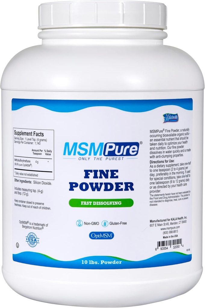 KALA HEALTH MSMPure Fast Dissolving Fine MSM Powder Crystals – US-Made MSM for Joint Health, Skin Appearance, and Hair & Nail Support – 10 lb, Organic Sulfur