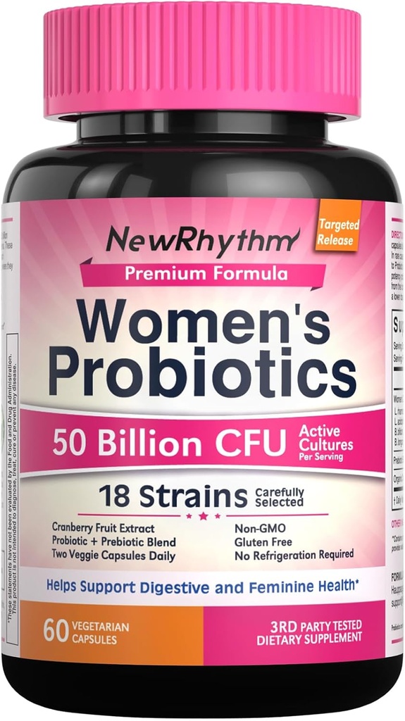 NewRhythm Women's Probiotics, Organic Cranberry for Women's Vaginal Health, 50 Billion CFU 18 Strains, Probiotics and Prebiotics, Support Digestive Health, 60 Vegan Capsules