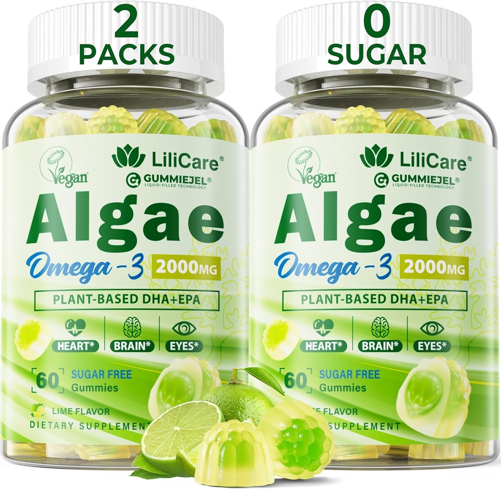 Omega 3 Gummies 2200mg from Algae Oil (DHA 640mg & EPA 290mg) for Women & Men, Vegan Omega 3 Fish Oil Alternative, w/CoQ10, Astaxanthin, Vitamin A, E, D3 for Brain, Eye, Antioxidant,Sugar Free 2Packs