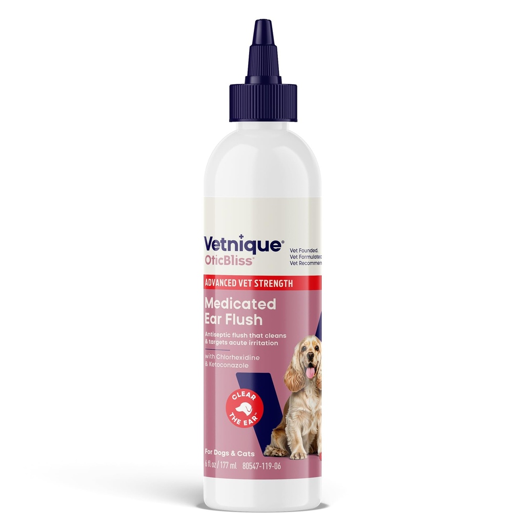 Vetnique Oticbliss Advanced Strength Dog Ear Infection Treatment Flush, Antiseptic Cat & Dog Ear Cleaner Solution Medicated with Chlorhexidine & Ketoconazole Helps with Ear Yeast (6oz Flush)