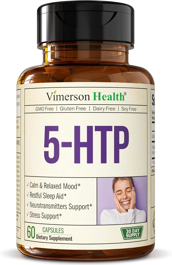 5HTP Serotonin Supplements for Women & Men. Sleep Aid & Occasional Stress Support - 5 HTP Plus Supplement 200 mg with Calcium for Sleep, Calm Mood, & Neurotransmitter Support. 60 Capsules made in USA