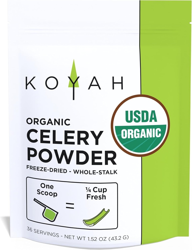 KOYAH - Organic USA Grown Celery Powder (1 Scoop = 1/4 Cup Fresh): 36 Servings, Freeze-Dried, Whole-Stalk Powder