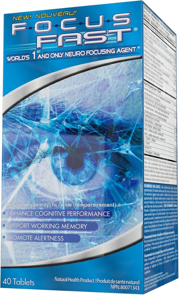 Focus Fast Clear Brain Nootropic Supplement, 40 Count, for Men & Women - Focus Pills for Concentration, Brain Booster & Memory Support – Vitamins, Choline, Ginseng, Gingko & More