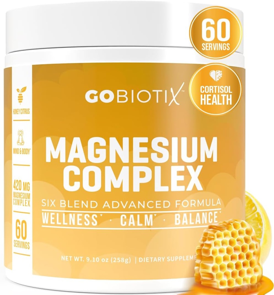 GoBiotix Magnesium Glycinate Powder – Cortisol Supplements for Women and Men – High Absorption Magnesium Complex Calm Supplement with Citrate, Malate – Sugar Free – 420 mg, 60 Servings - Honey Citrus