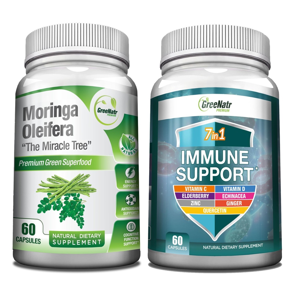 GreeNatr Energy Support & Immune Defense Bundle: Pure Moringa Oleifera Leaf Extract Veggie Capsules (1000 mg) with 7-in-1 Immune Support Formula for Energy, Mood, Memory, Focus