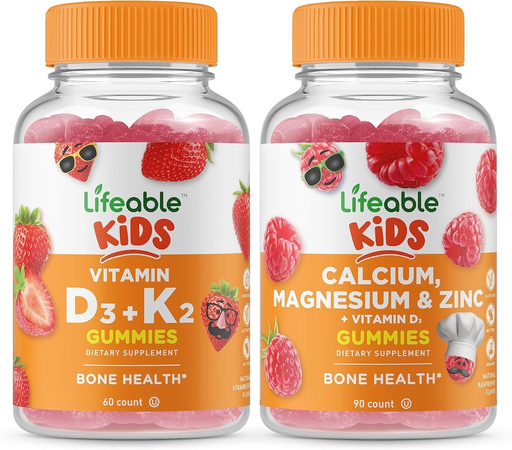 Lifeable Vitamin D3 + Vitamin K2 Kids + Calcium Magnesium & Zinc Kids, Gummies Bundle - Great Tasting, Vitamin Supplement, Gluten Free, GMO Free, Chewable Gummy