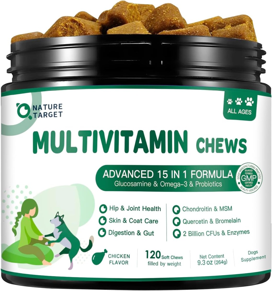 NATURE TARGET Multivitamin for Dogs - with MSM & Glucosamine, Omegas 3 & 6, Probiotics for Digestive Health, Joint Support, Skin & Coat, Immune System & Overall Health 120 Soft Chews