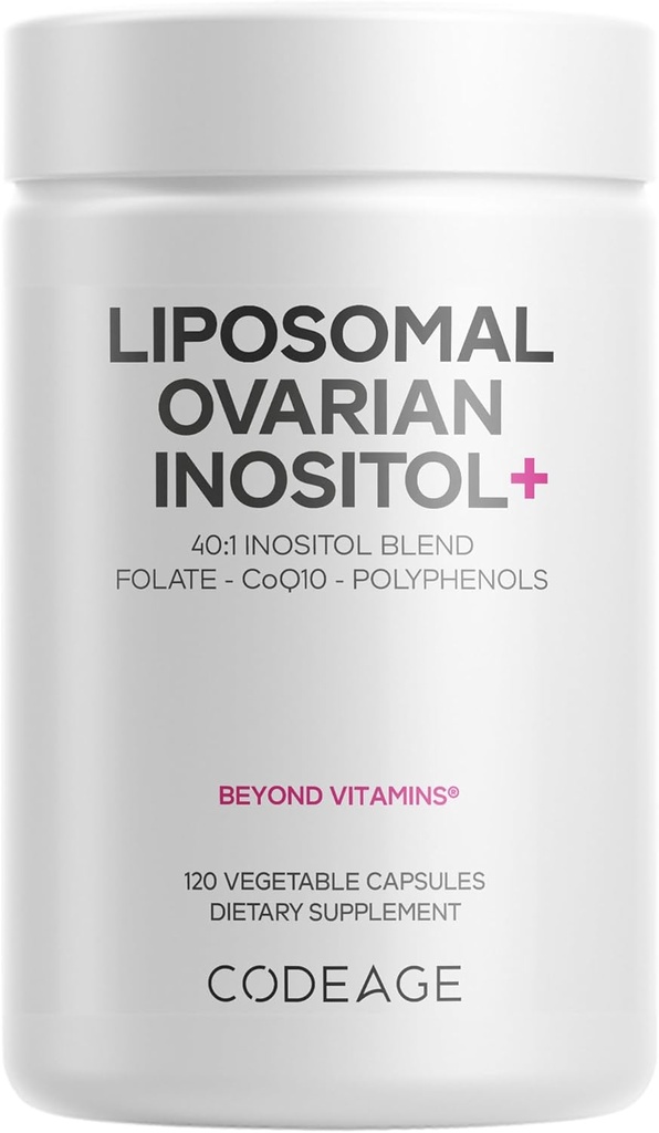 Codeage Liposomal Ovarian Inositol+ Supplement - Myo-Inositol & D-Chiro-Inositol 40:1 Blend, Folate 5-MTHF, CoQ10, Pomegranate & Wild Blueberry, Liposomal Delivery, Non-GMO, Gluten-Free - 120 Capsules