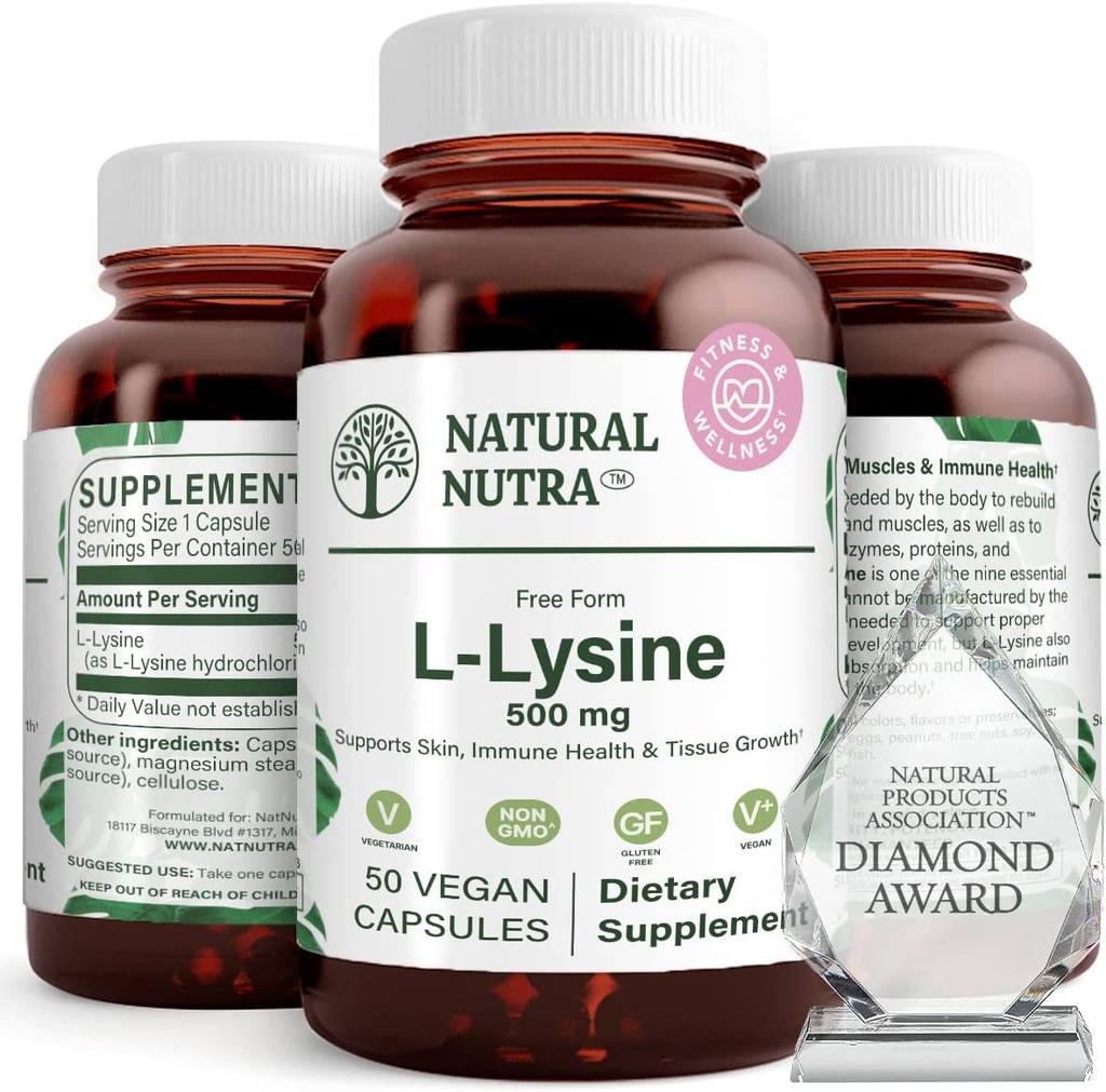 Natural Nutra L Lysine HCl, Promotes Bone Health and Growth, Support Skin Health, Improve Vitamin C Absorption, Helps Built Collagen, Improve Calcium Absorption, Non-GMO, Vegan, 500 mg, 50 Capsules.