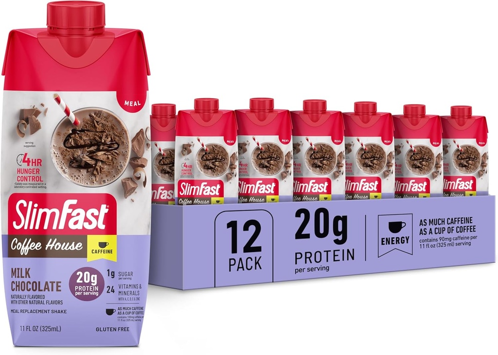 SlimFast Protein Shake, NEW Milk Chocolate- 20g Protein, Meal Replacement Shake Ready to Drink, High Protein with Low Carb and Low Sugar, 24 Vitamins and Minerals, 11 Fl Oz (Pack of 12)