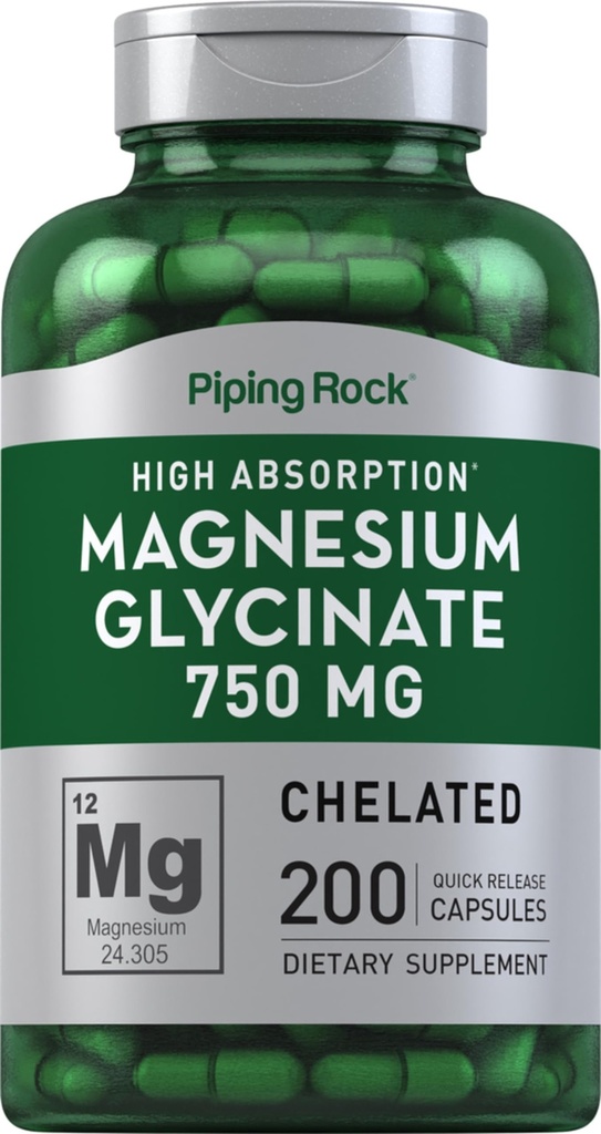 Piping Rock Magnesium Glycinate Capsules | 750mg | 200 Pills | Chelated Supplement | High Absorption | Non-GMO and Gluten Free