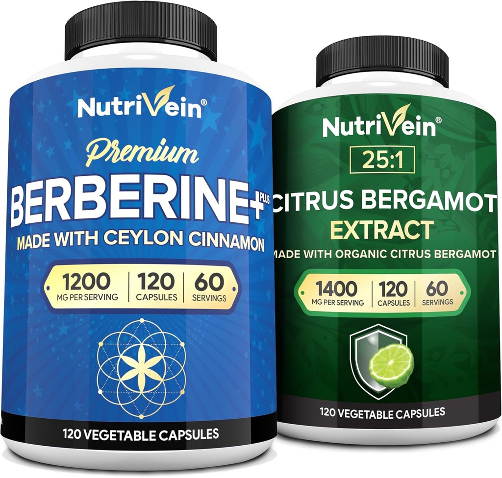 Nutrivein Premium Berberine HCL 1200mg & Citrus Bergamot Extract 1400mg Bundle - Ceylon Cinnamon & 25:1 Bergamia Extract - Weight Management & Immune Support Plus Heart Health - 120 Capsules Each