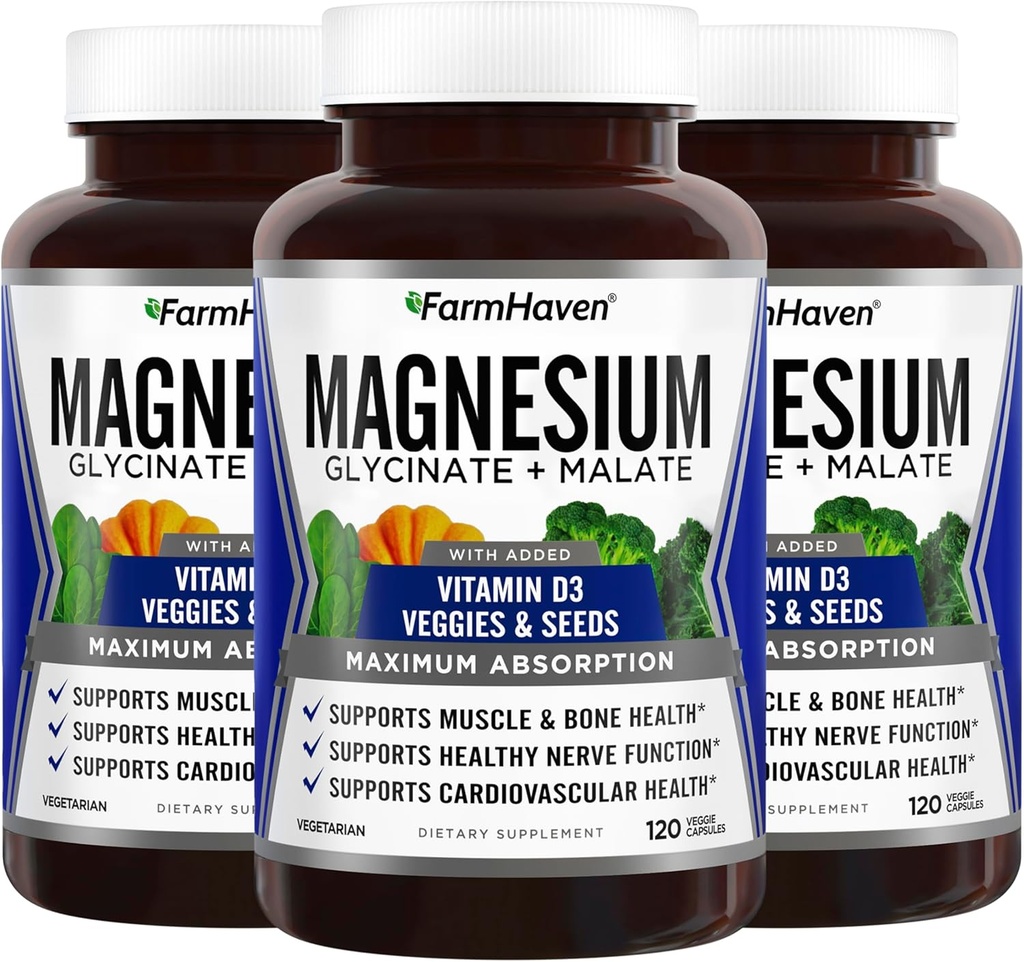 FarmHaven Magnesium Glycinate & Malate Complex w/ Vitamin D3, 100% Chelated for Max Absorption, Vegan – Bone Health, Nerves, Muscles, 360 Capsules, 180 Days