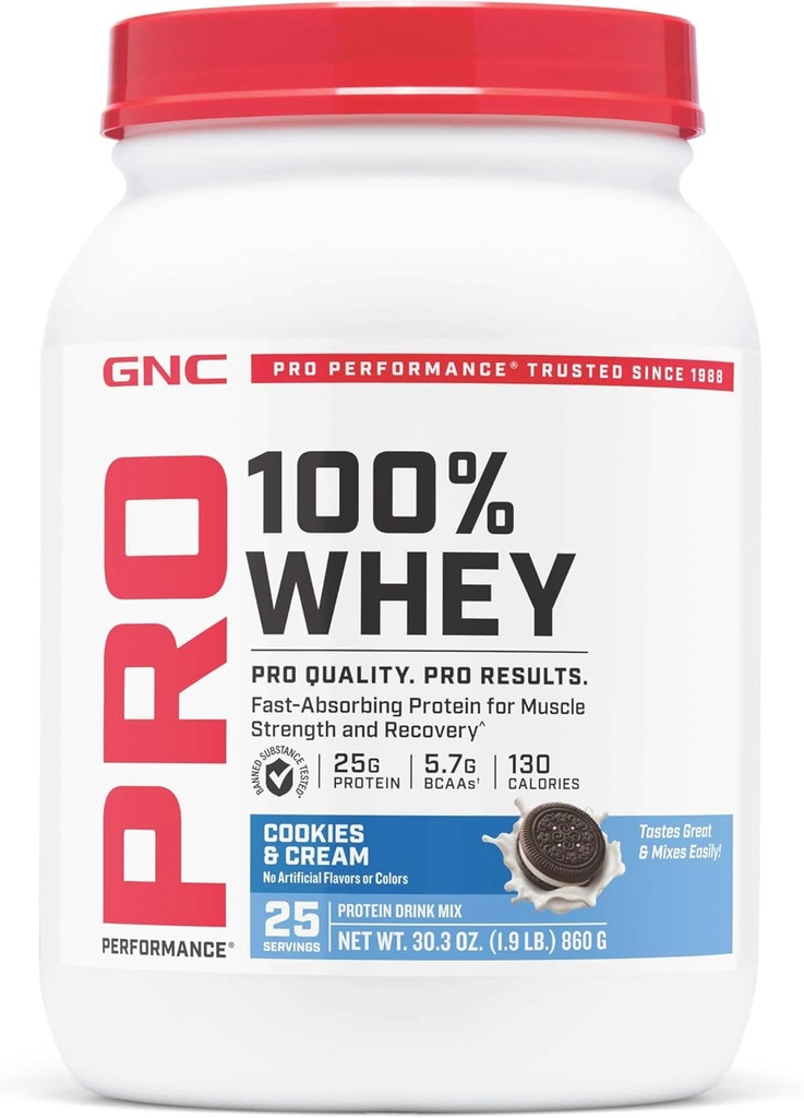 GNC Pro Performance 100% Whey Protein Powder 2.0, Fast Absorbing for Muscle Strength and Recovery, Cookies and Cream, 25 Servings