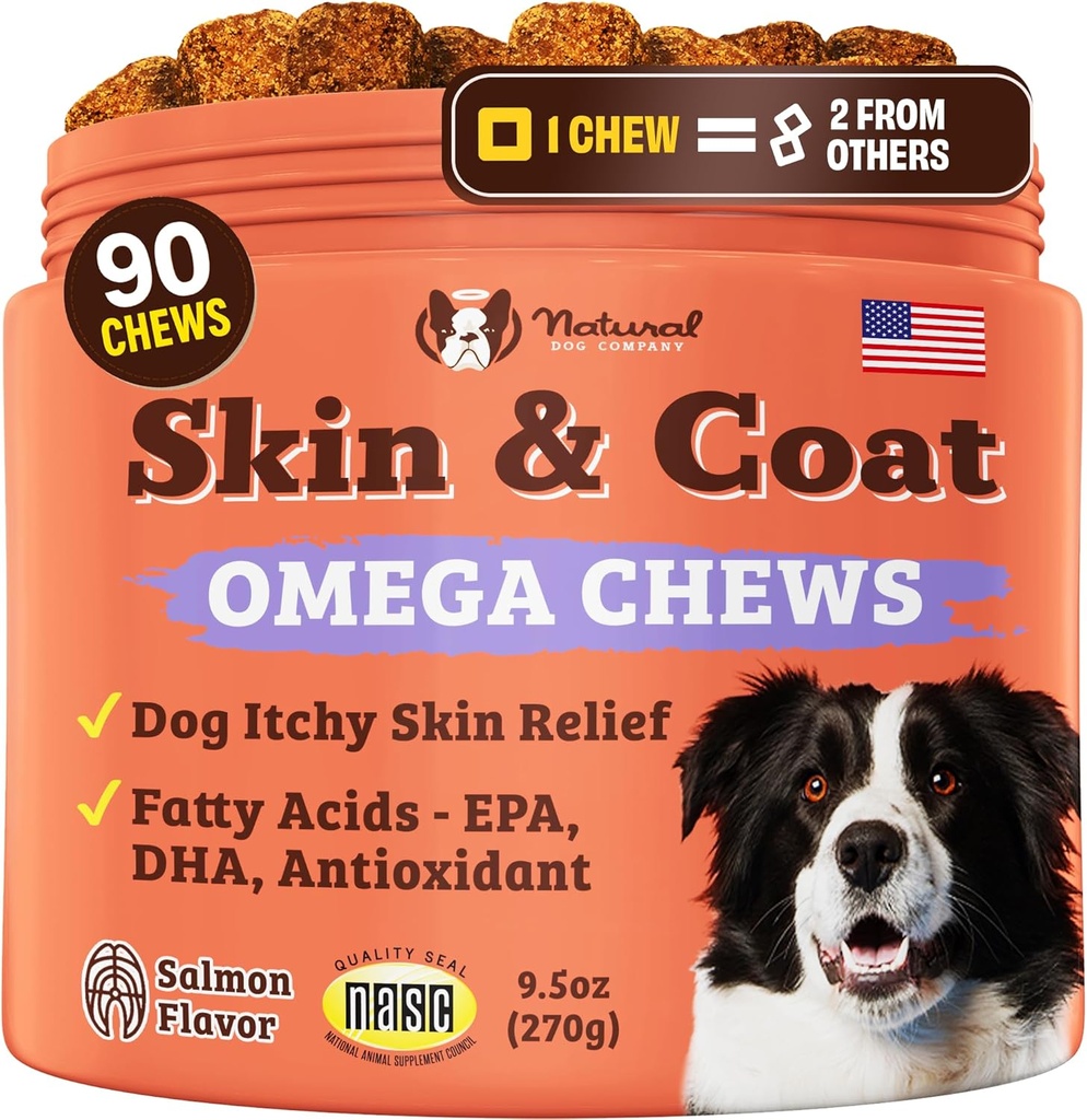 Natural Dog Company Skin & Coat Supplement for Dogs Omega-3 Rich Salmon Oil Chews for Itchy Skin Relief – Shedding & Allergy Support, Shiny Coat Health, with Biotin, Vitamin E, Grain-Free (90 Count)