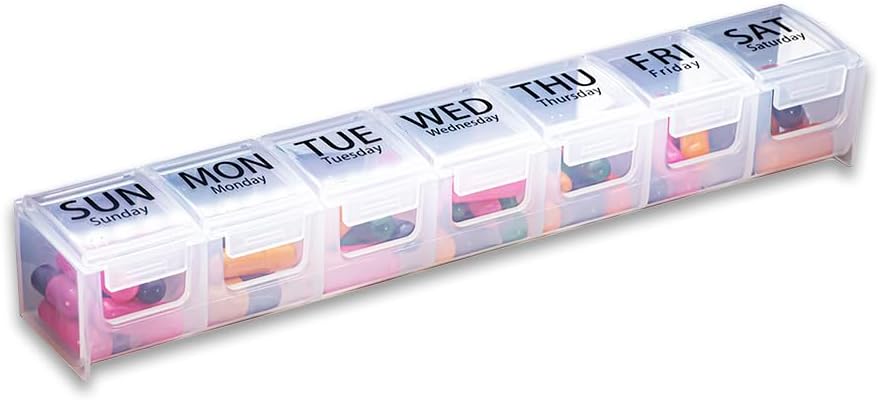 GMS Weekly Pill Organizer - 7-Day Labeled Compartment Pill Case for Supplements, Vitamins and Medication - Secure Latches - Ideal for Daily Use & Travel - Clear