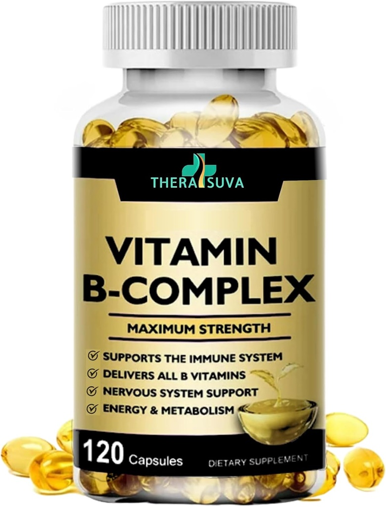 Max Strength Vitamin B-Complex + CoQ10 + Vitamin C – High Potency Natural Supplement for Energy & Metabolism Support – 120 Softgels, 60 Day Supply