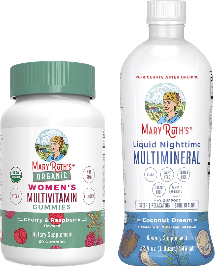 MaryRuth's Multivitamin Gummies for Women (Cherry & Raspberry) & Liquid Nighttime Multimineral Coconut (32oz) | Clean Label Project Verified® | Vegan | Beauty, Bedtime Routine, & Overall Health