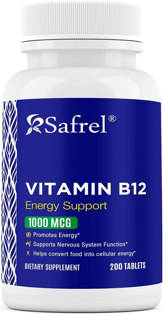 Safrel Vitamin B12 1000 mcg per Tablet, 200 Days Supply, Provides Energy, Metabolism and Nervous System Health Support | Vegan, Gluten Free and Dye Free | Made in USA