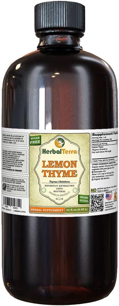 Lemon Thyme (Thymus x Citriodorus) Tincture, Organic Dried Herb Liquid Extract (Brand Name: HerbalTerra, Proudly Made in USA) 32 fl.oz (0.95 l)