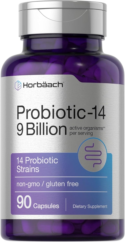 Horbäach Probiotics for Women & Men | 14 Strains for Digestive Health | 9 Billion CFU | 90 Capsules | Non-GMO & Gluten Free Supplement