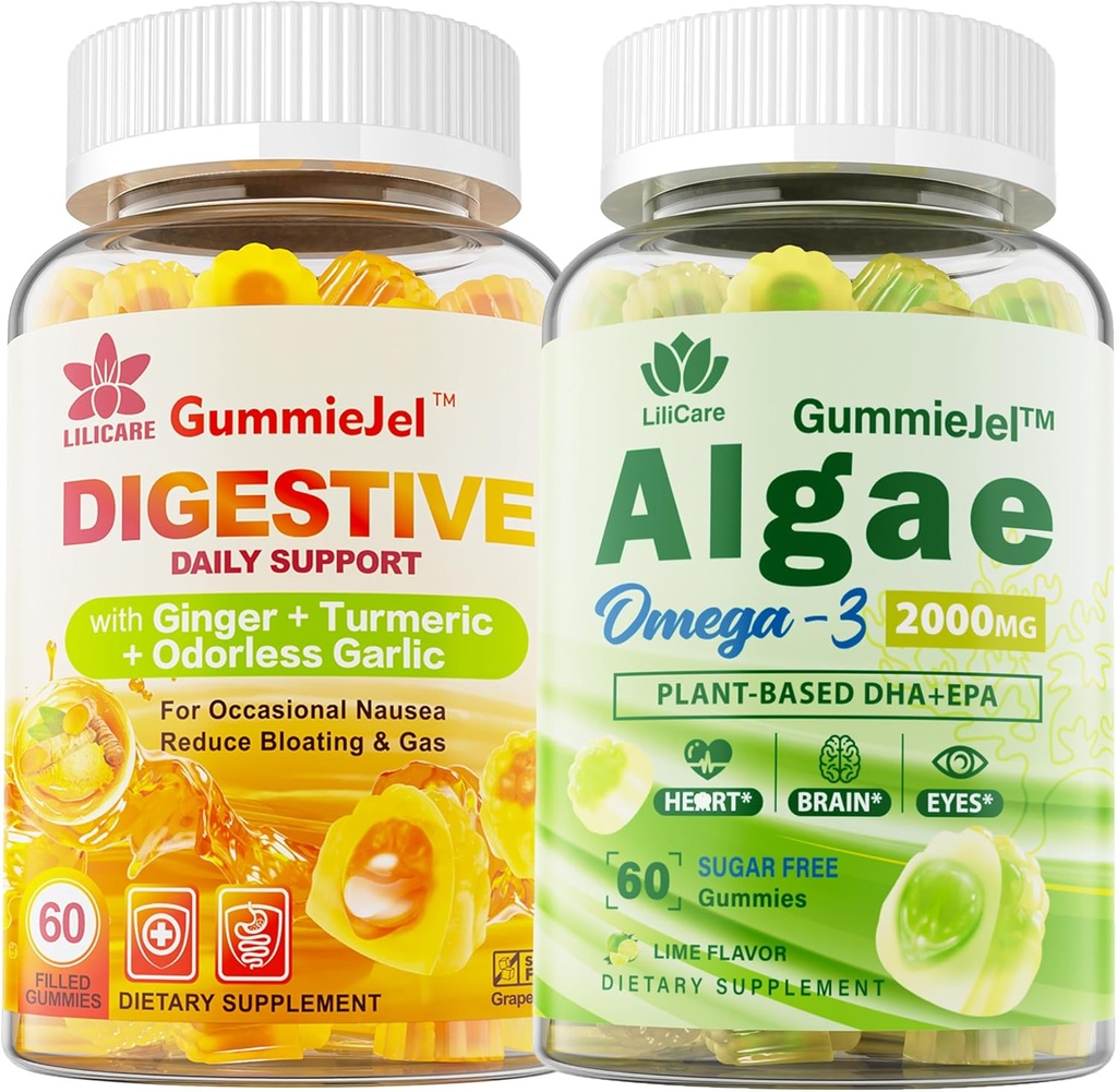 Sugar Free Omega 3 Fatty Acid 2000mg With 640mg DHA & 290mg EPA, Multivitamin, CoQ10, Astaxanthin + Ginger Filled Gummies for Nausea - Stomach Relief - Ultra Absorption for Digestive Support