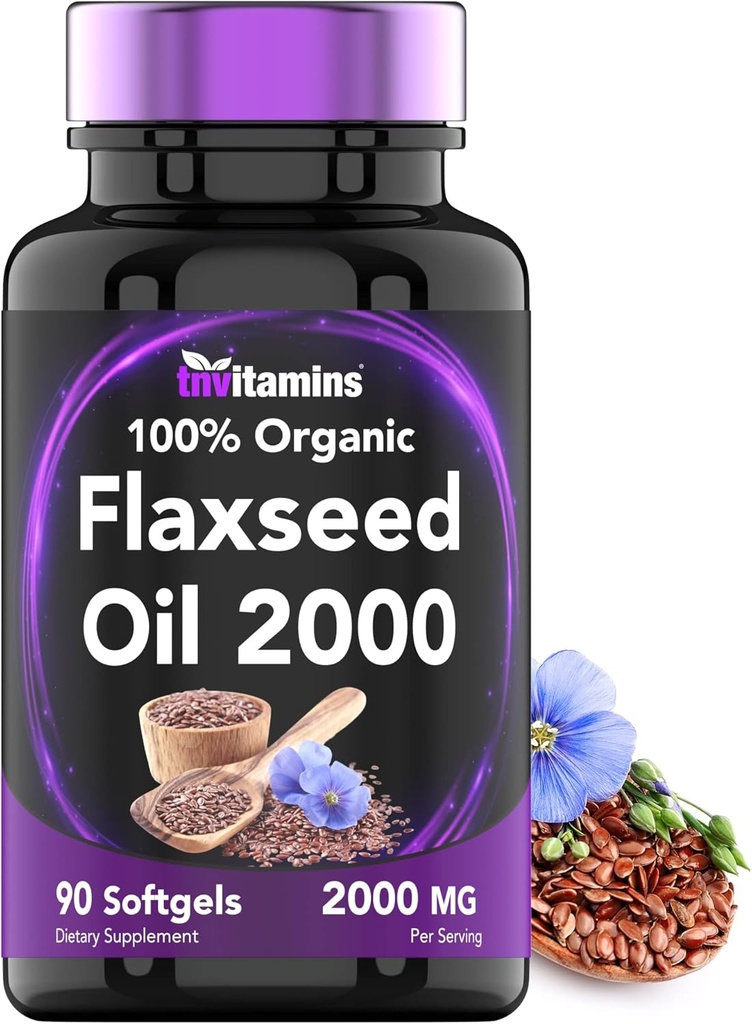 Organic Flaxseed Oil Softgels: 2000 mg - 90 Softgels | High in Omega-3 Fatty Acids | Flaxseed Oil Supplement for Women & Men | Non-GMO