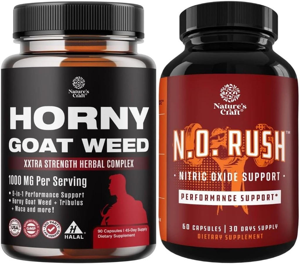 Bundle of Horny Goat Weed for Men with Black Maca Root, Tongkat Ali, Saw Palmetto & Panax Ginseng Extract for Stamina & Energy and Nitric Oxide Supplement with L-Arginine for Muscle Growth & Recovery