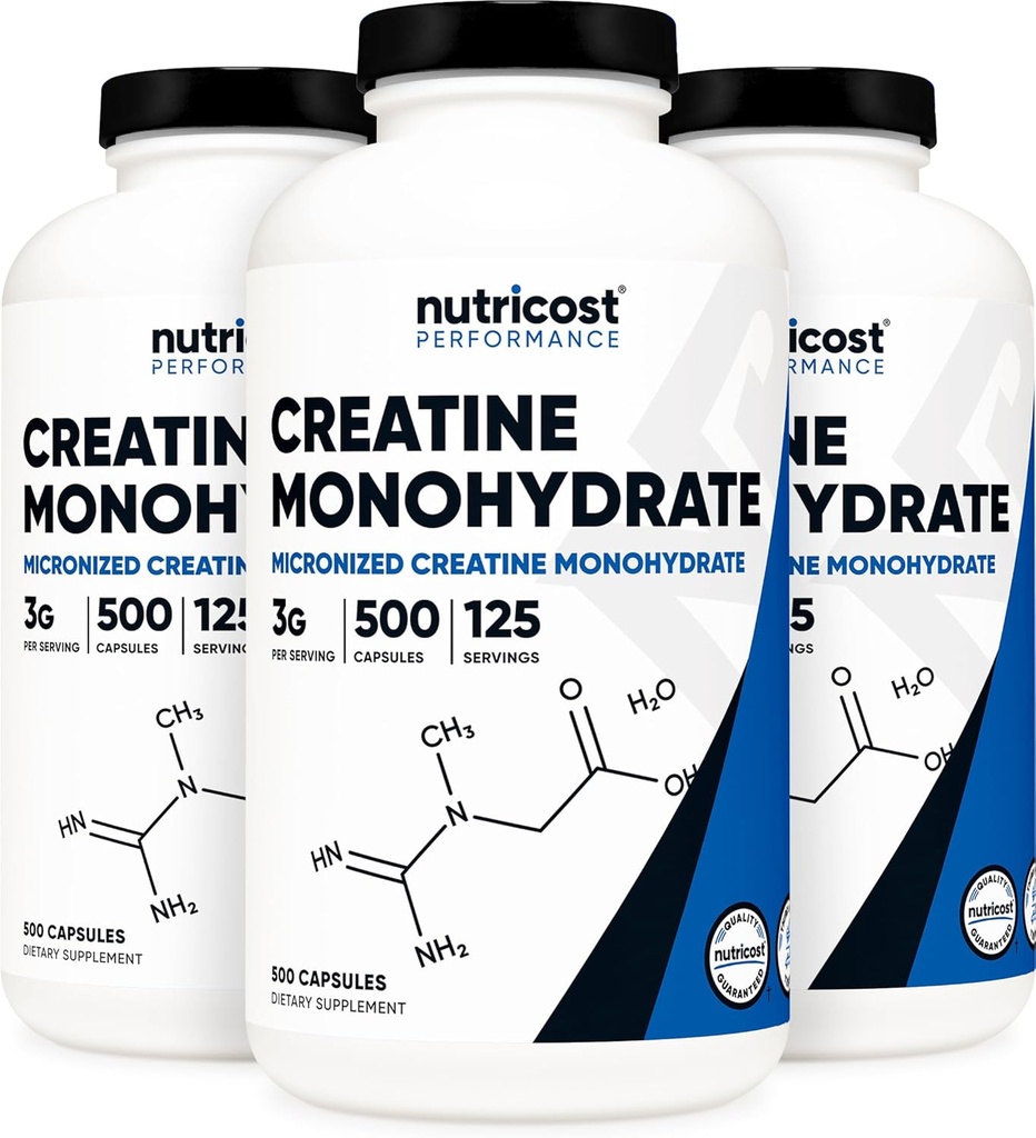 Nutricost Creatine Monohydrate 3000mg (750mg Per Cap), 500 Capsules (3 Bottles)