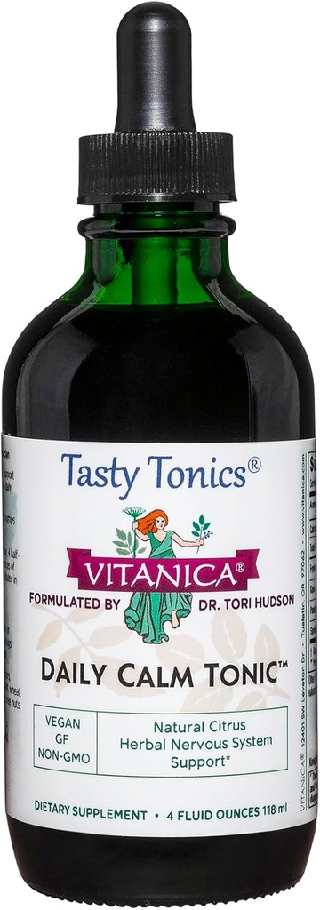 Vitanica Daily Calm Tonic, Natural Liquid Stress Relief Supplement, Dr. Formulated, Organic Lemon Balm, Kava Kava and Passion Flower, for Women, Men & Adults, Vegan, 4 Ounce (Daily Calm Tonic)