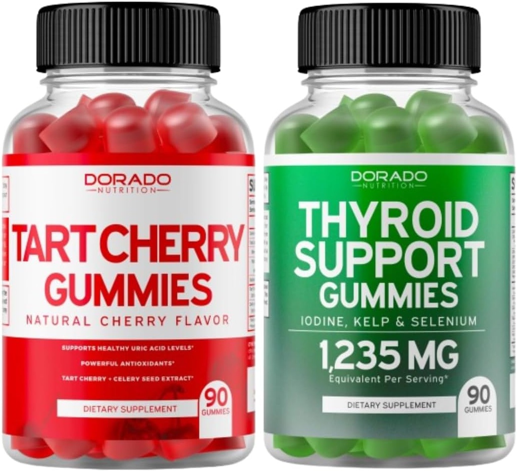 Tart Cherry (90 Gummies) Uric Acid Level Support for Adults - Powerful Antioxidant with Celery Seed and Thyroid Support (90 Gummies) Ashwaganda & Bladderwrack Support Supplement - Vegan & Made in USA