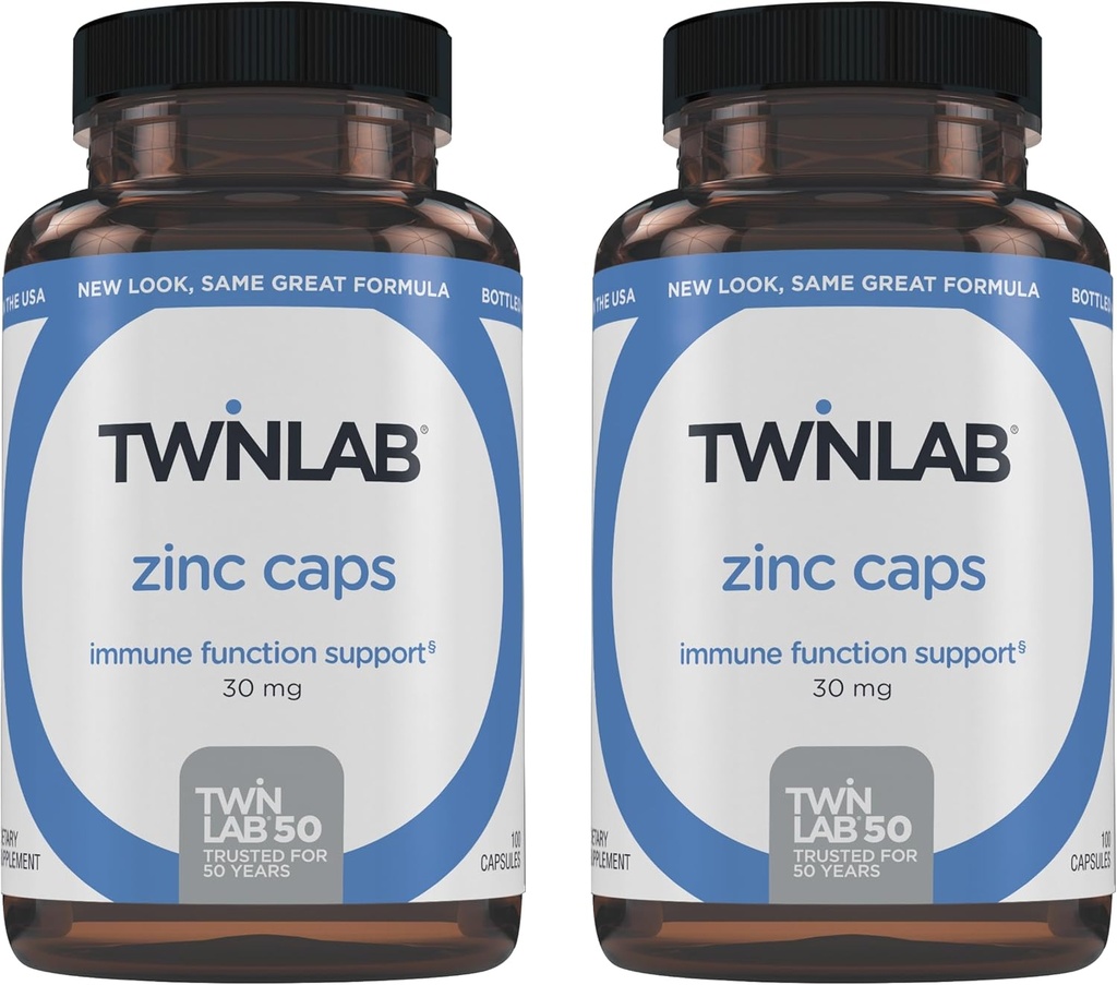 Twinlab Zinc Caps - Immune Support Supplement - Zinc Picolinate & Zinc Gluconate - Pure Zinc Supplement for Immune Defense, Healthy Skin, DNA Synthesis, Metabolism and Growth - 30mg, 100 Caps - 2 Pack